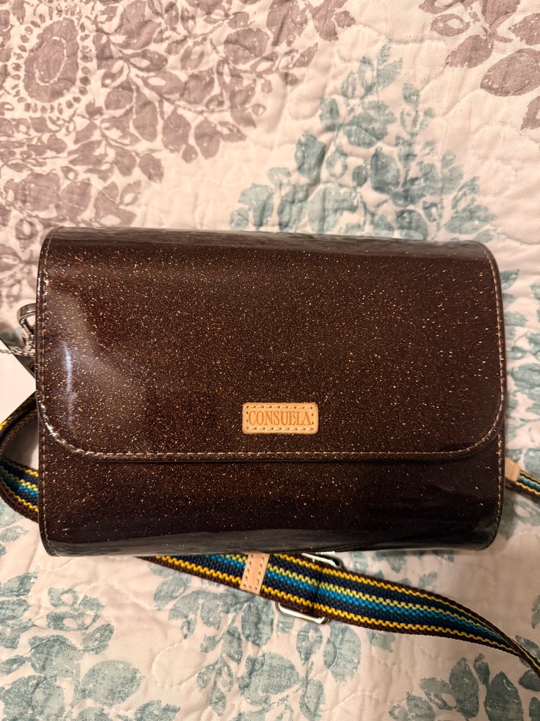 Consuela Ember On The Town Chocolate Brown Sparkle Crossbody With Striped Strap